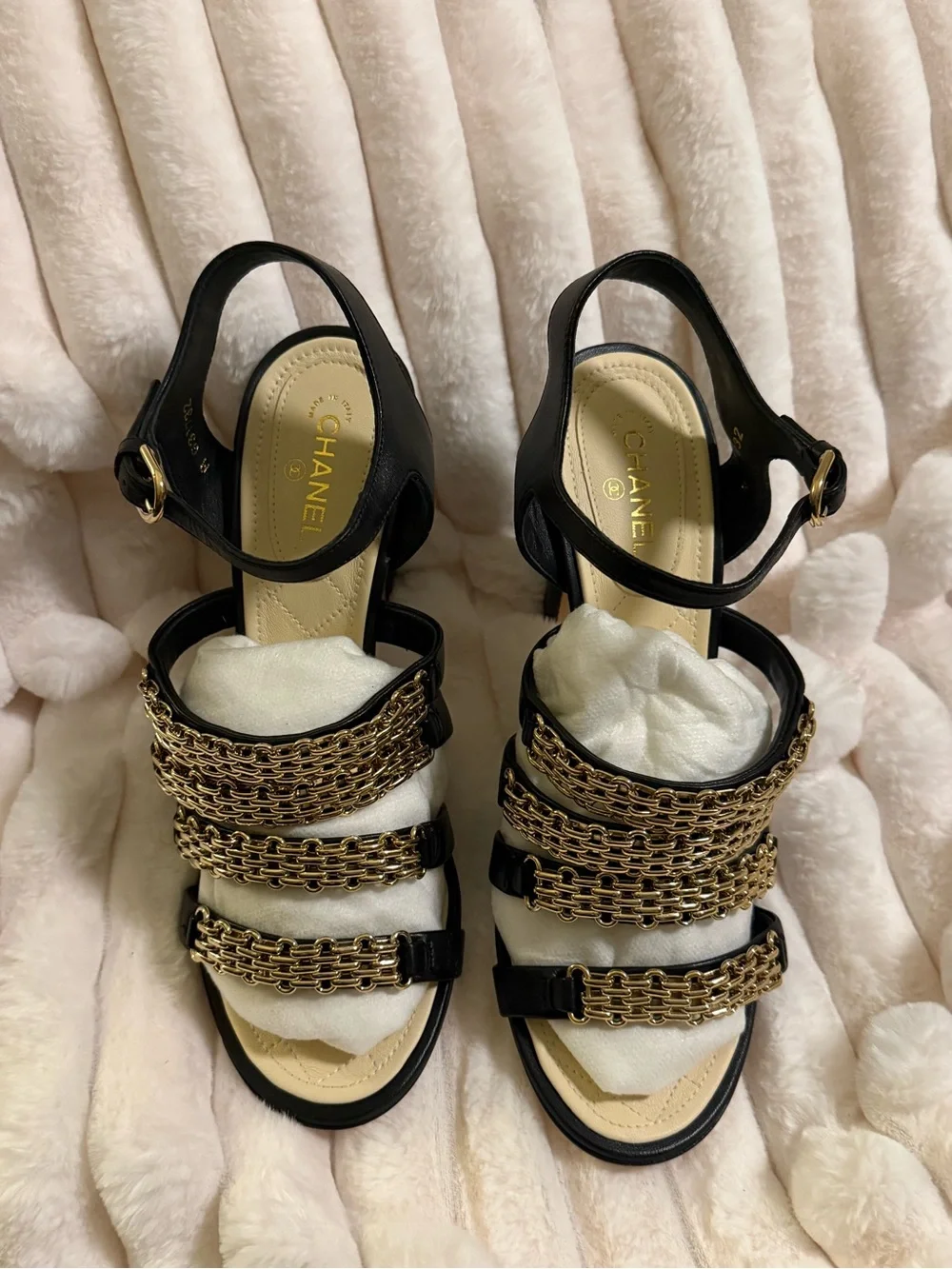 CHANEL Black Leather High-Heel Sandals with Gold Chain Straps